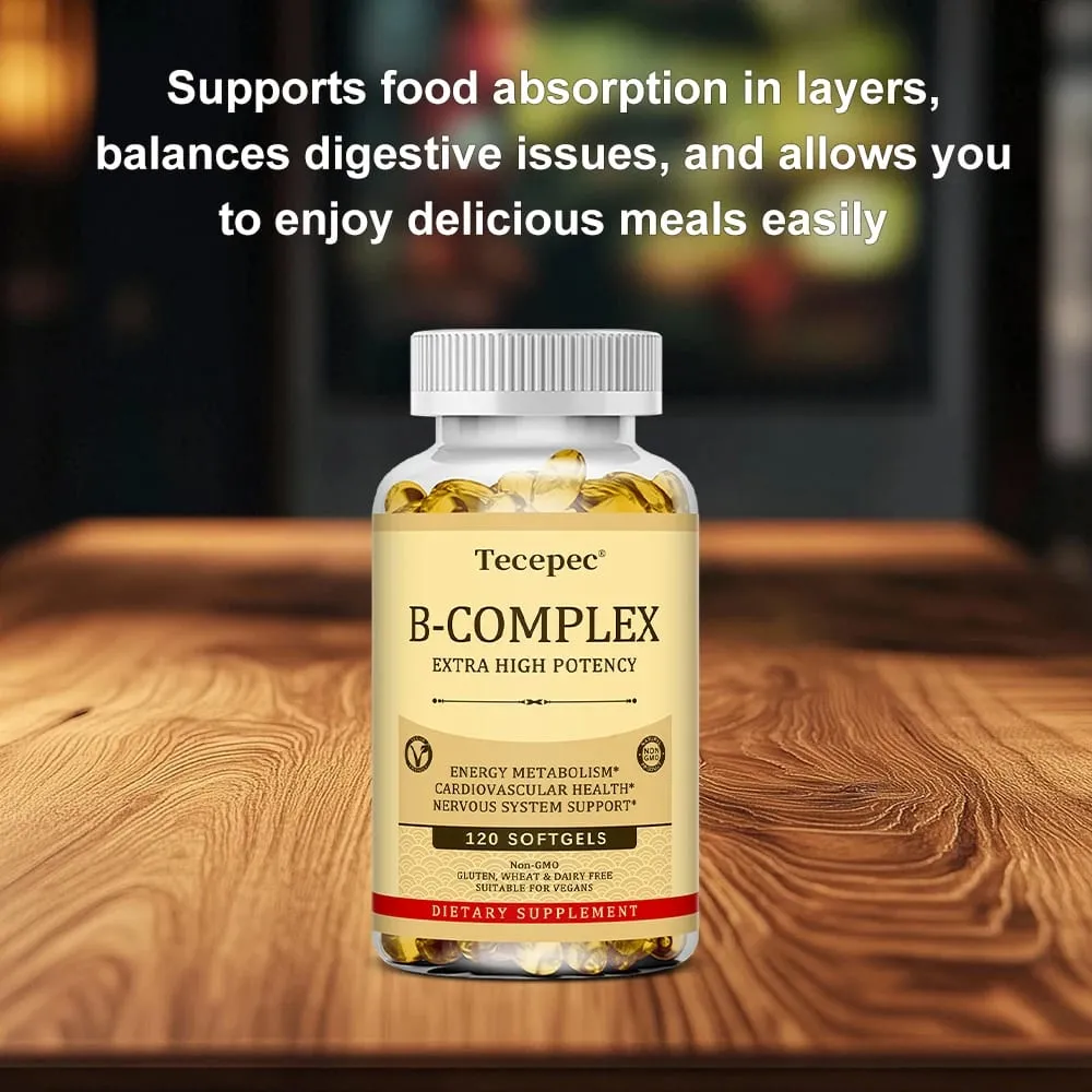 Tecepec B-Complex Vitamin Supplements (B12 B1 B2 B3 B5 B6 B9 Folic Acid & Biotin) Immune & Energy Support Softgels NON-GMO