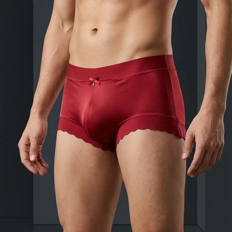 Men's Seamless Ice Silk Briefs 3D Contour Pouch Mid Waist Satin Smooth Scalloped Edge Ultra Thin Male Underwear