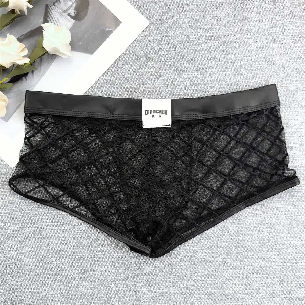 Male Sexy Diamond Mesh Ultra-thin Transparent Boxer Shorts Summer Quick Drying Boyshorts Bulge Pouch Men Underwear