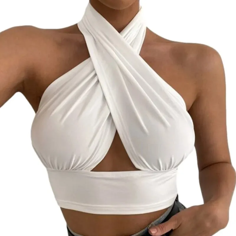 y2k Halter למעלה נשים בגדי קיץ צבע אחיד ללא שרוולים אפוד ללא גב חולצת טריקו שנות ה-2000 בגדים אסתטיים Streetwear