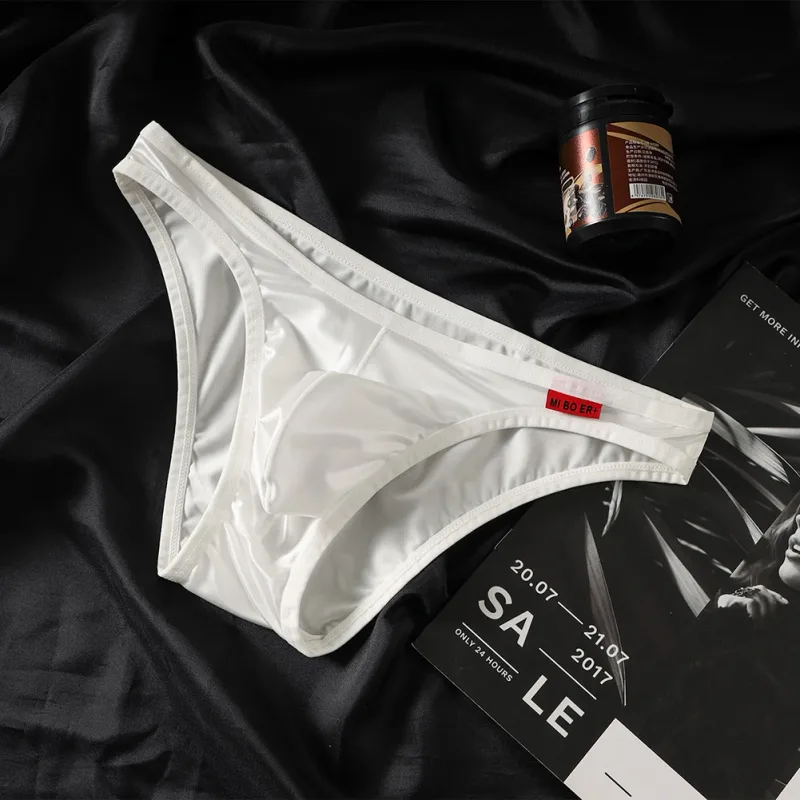 Men Low Waist Satinlike Ice Silk Stretch Brief Underwear Breathable Pouch Soft Fabric Underpants for Multiple Seasons