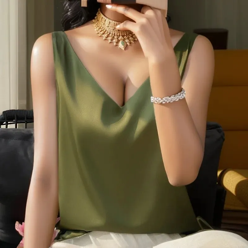Νέο Lce Silk Satin Camisole Γυναικεία Άνοιξη/Καλοκαίρι μονόχρωμο αμάνικο σέξι άνετο μεταξωτό εσώρουχο RW-D09