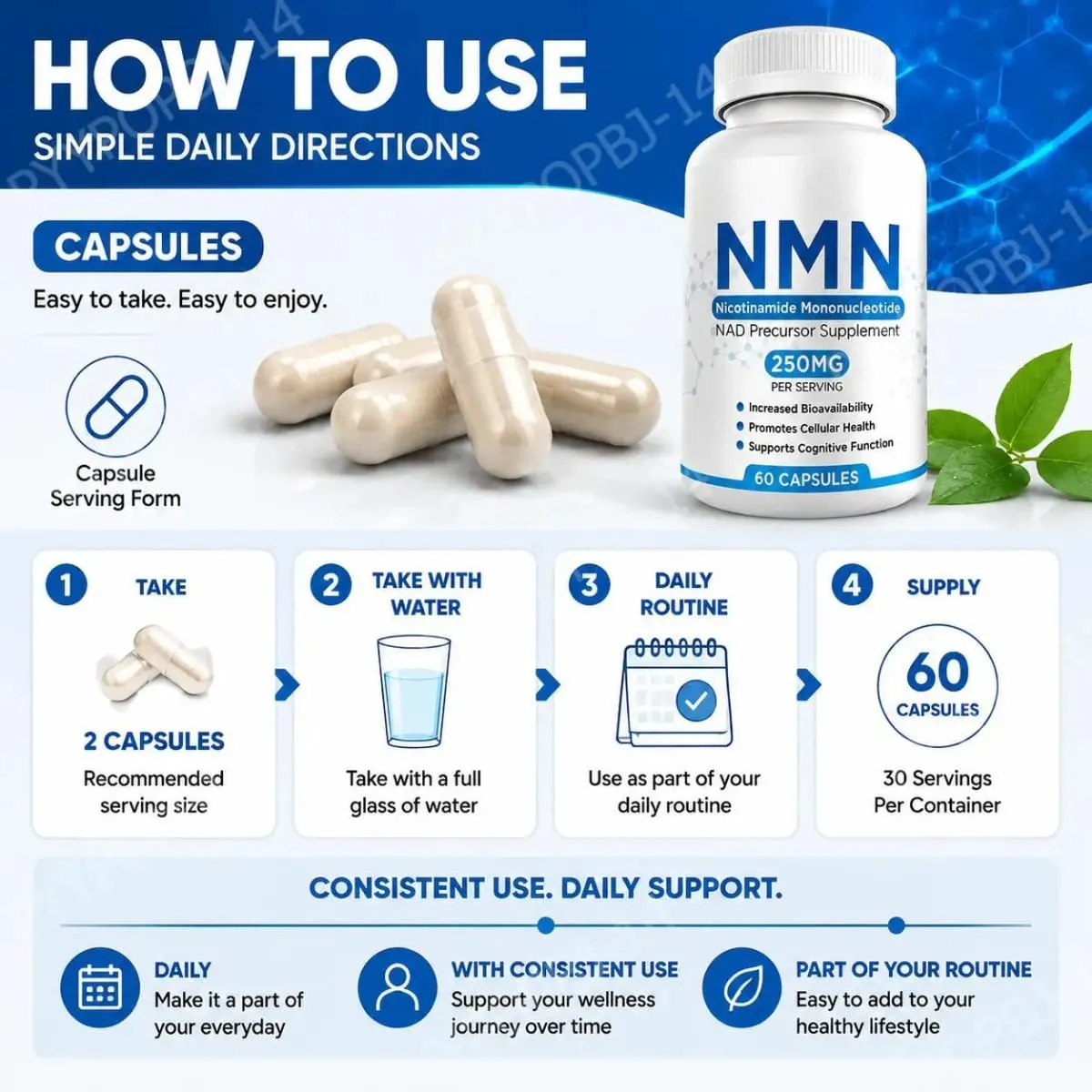 NMN Nicotinamide Mononucleotide Capsules 250 Mg Per Serving Increased Bioavailability Promotes Cellular Health 60 Capsules