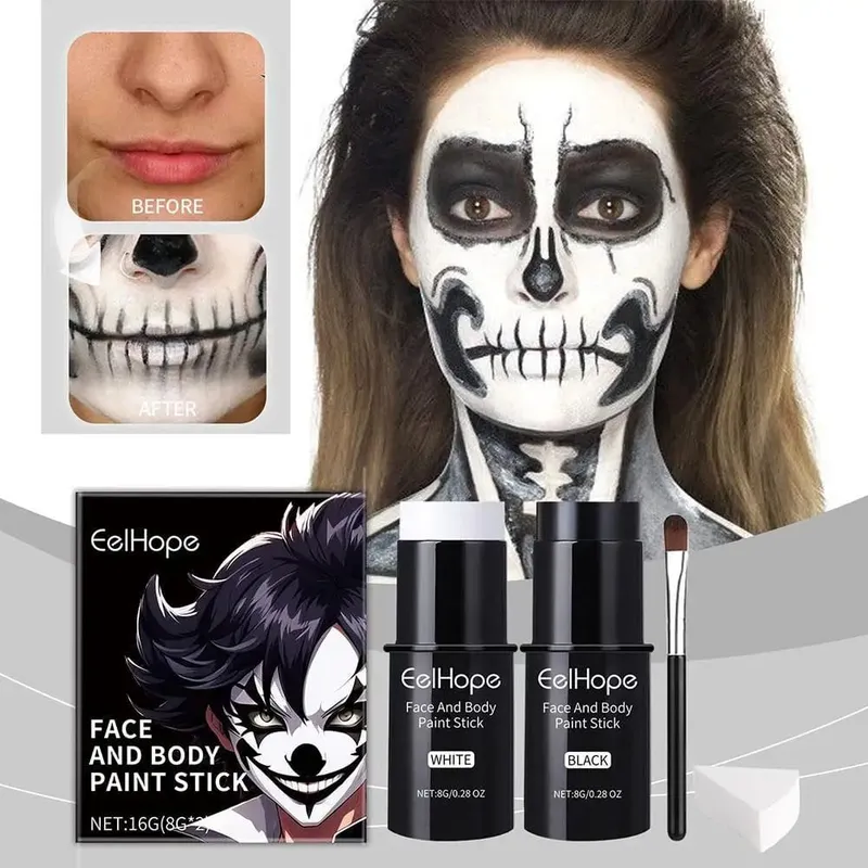 Halloween Black White Face Body Paint Kit Full Coverage Lighweight Foundation Clown Joker Μακιγιάζ Εορταστικό Σετ αξεσουάρ μακιγιάζ