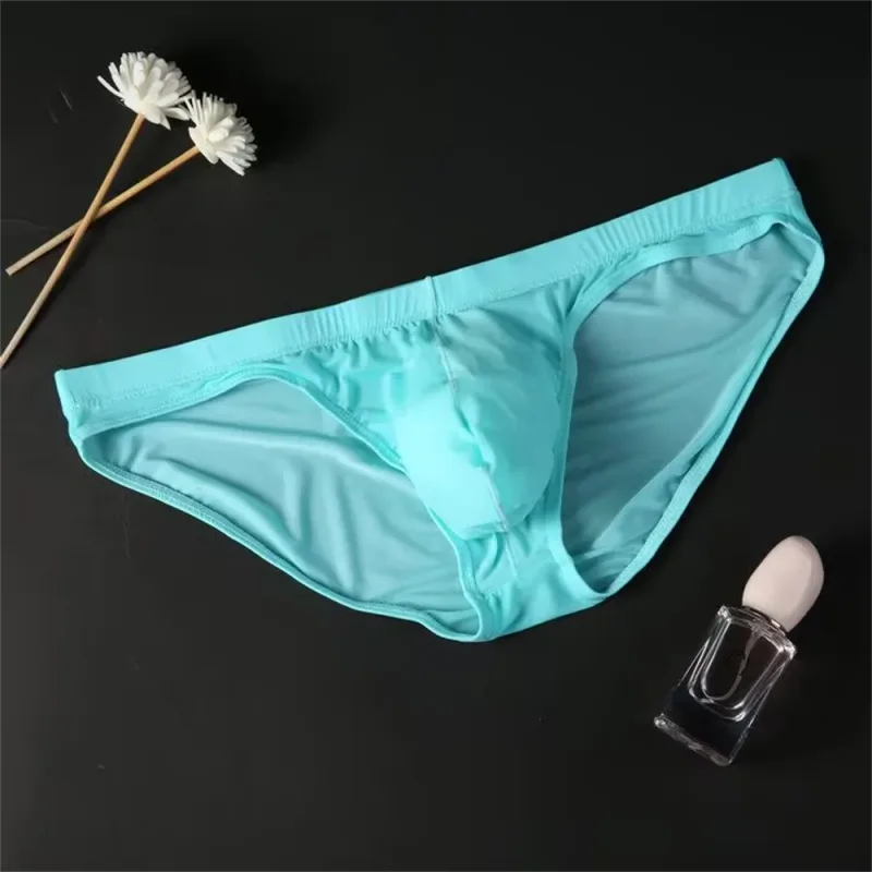 Plus Size M-4XL Man Ice Silk U Pouch Briefs Low Waist Translucent Nylon Underwear One-piece Sexy Ultra-thin Male Underpants