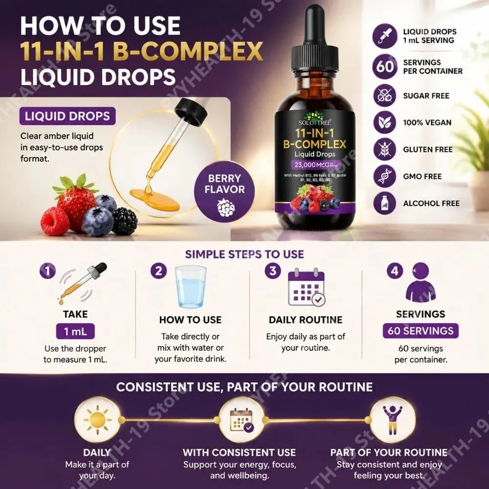 B-Complex Liquid Drops 11-in-1 Methyl B12 Folate Biotin Para sa Energy Focus at Brain Nervous Support Formula Pang-adulto 60ml