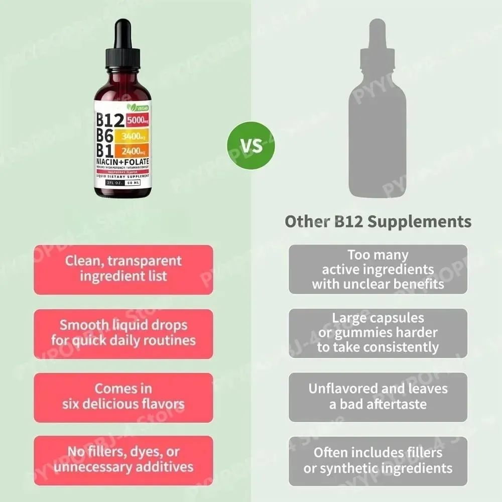 Vitamin B12 B6 Tetes Cair 60Ml B Kompleks dengan B1 Niacin Folat Raspberry Suplemen Kesehatan Harian Vegan 40 Porsi Dewasa