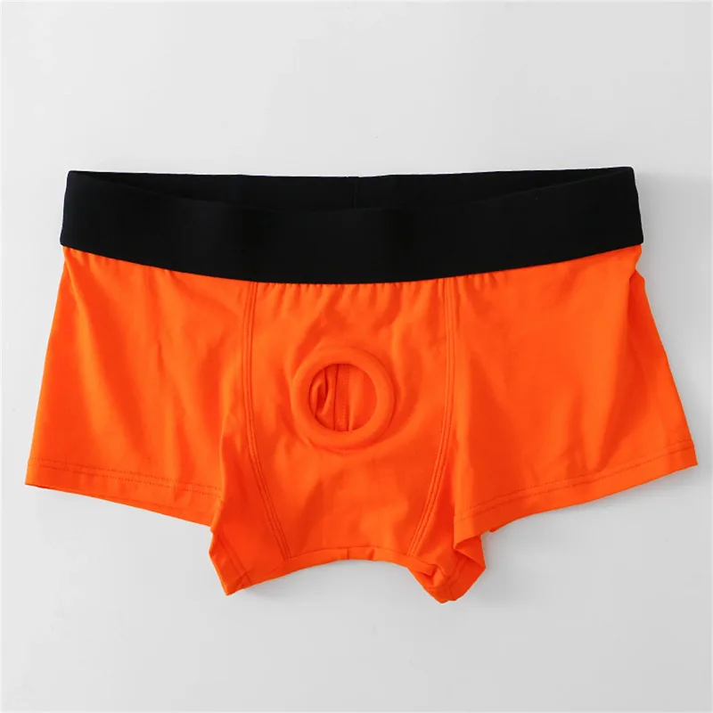 Men's Boxers Front Hole Pouch Underwear Silicone Cockring Sexy Boxershorts Wide Waistband Cotton Underpants Hollow Out Lingerie