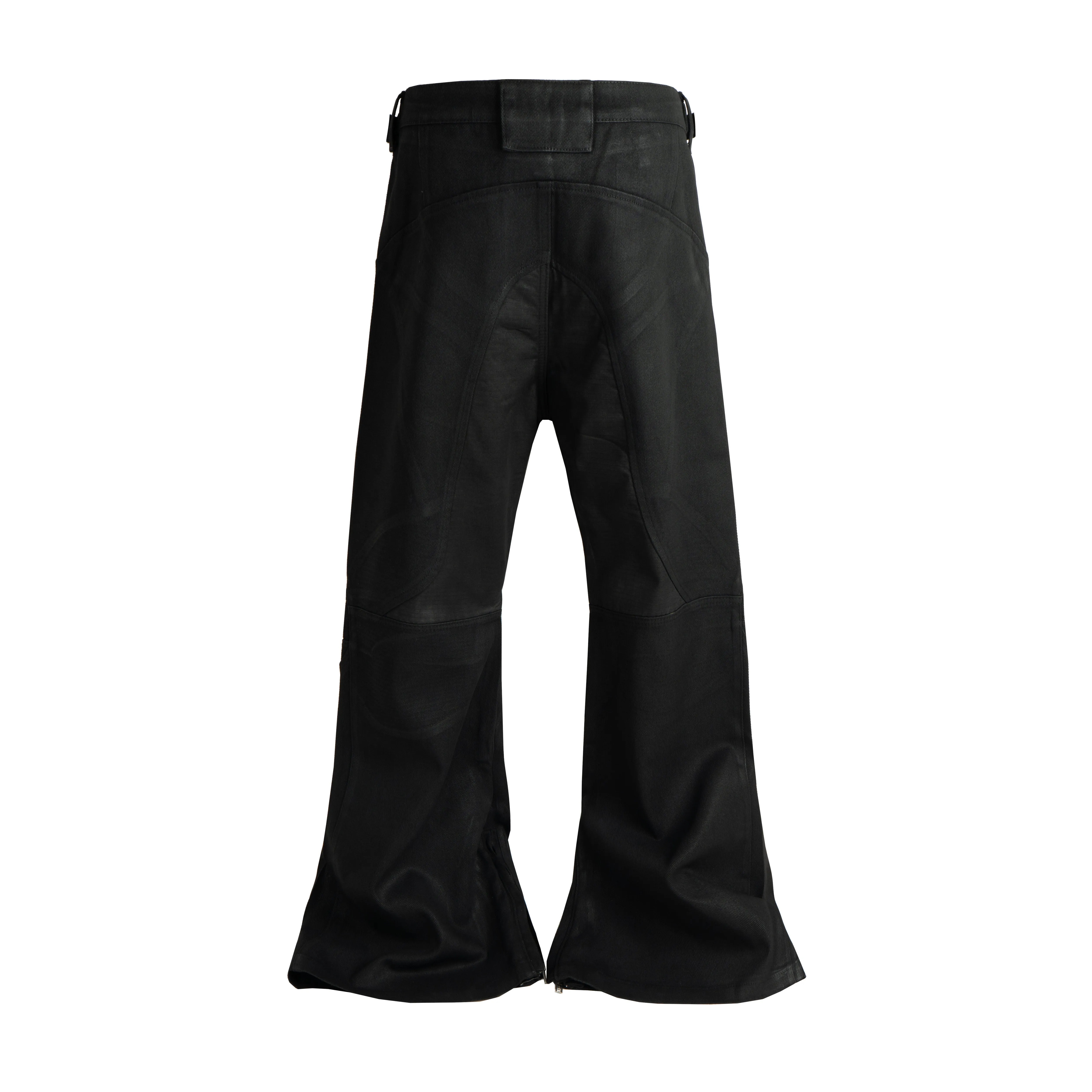 Techwear Style Waxing Coating Pleated Patchwork Punk Flared Jeans Man Waist Buckle Design Vintage Motorcycle Casual Pants