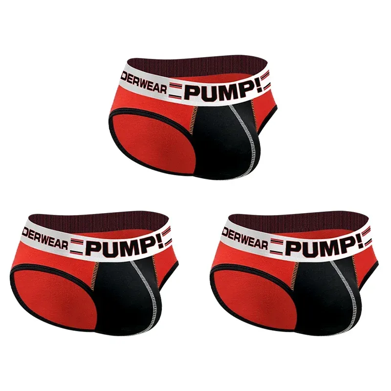 Men's Cotton Color Block Briefs, Pump! Logo Wide Waistband Low Rise Sexy 3D Convex Pouch Underwear 3256813080433415