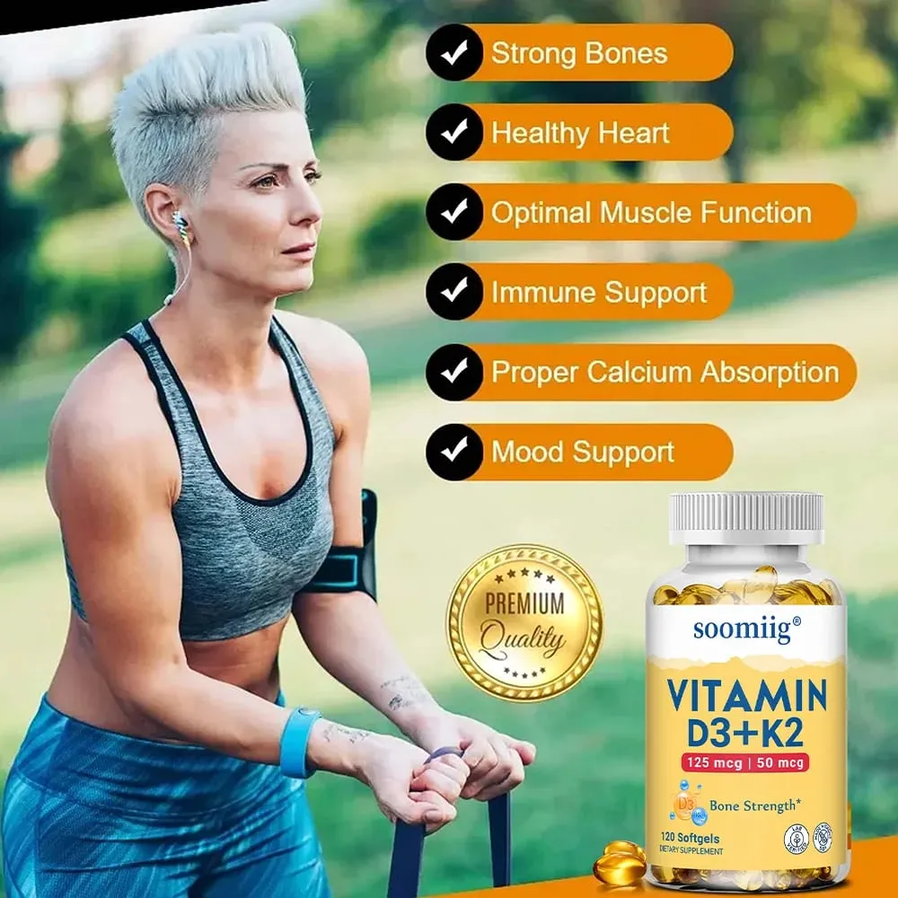 Vitamin D3+K2 Capsules 5000IU 120pcs Bone & Immune Support Vegan Συμπλήρωμα για ακρίβεια των οστών και γενική υγεία