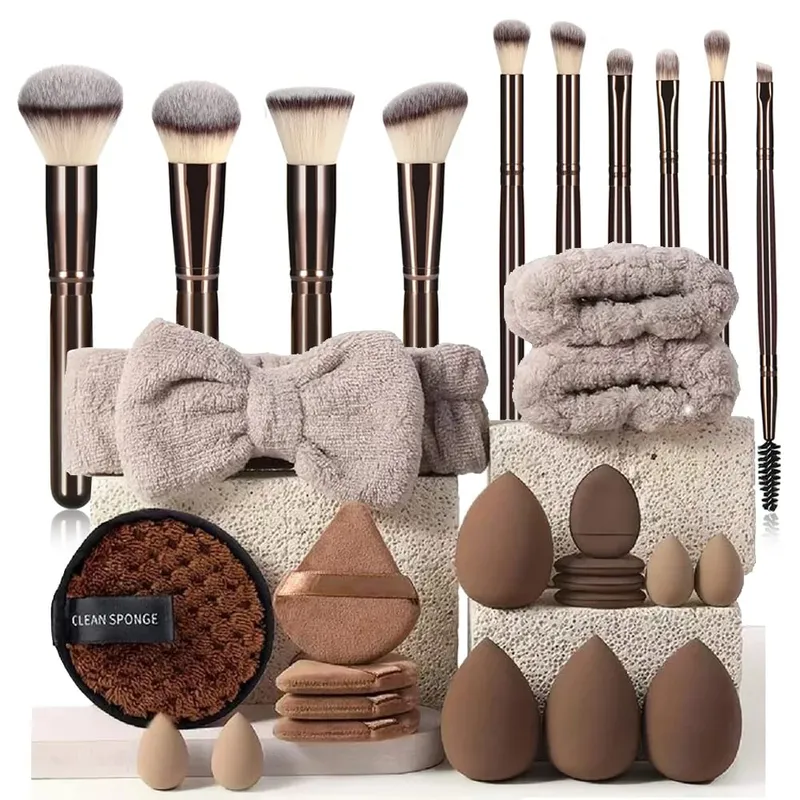 20/40Pcs Makeup Brushes at Sponges Set Brown Makeup Puff Beauty Egg Headband Wristband Remover Kit Regalo sa Tool ng Makeup
