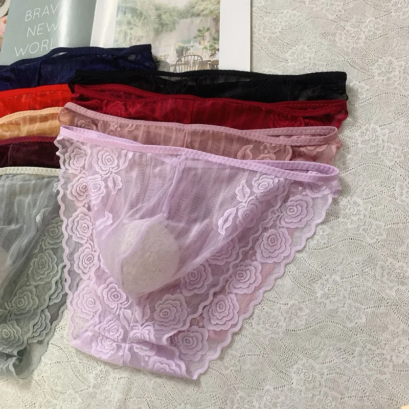 Men Seamless Lace Extreme Men's Panties Mesh Sheer Very Hot Lingerie Gay Sissy Bulge Pouch Bikini Briefs Underwear Underpants