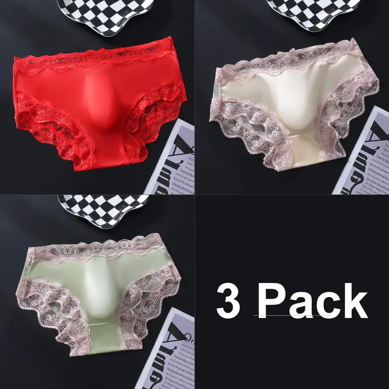3 Pack Male Full Lace Side Briefs Ice Silk Satin 3D Molded Pouch Mid Rise Soft Smooth Men Underpants