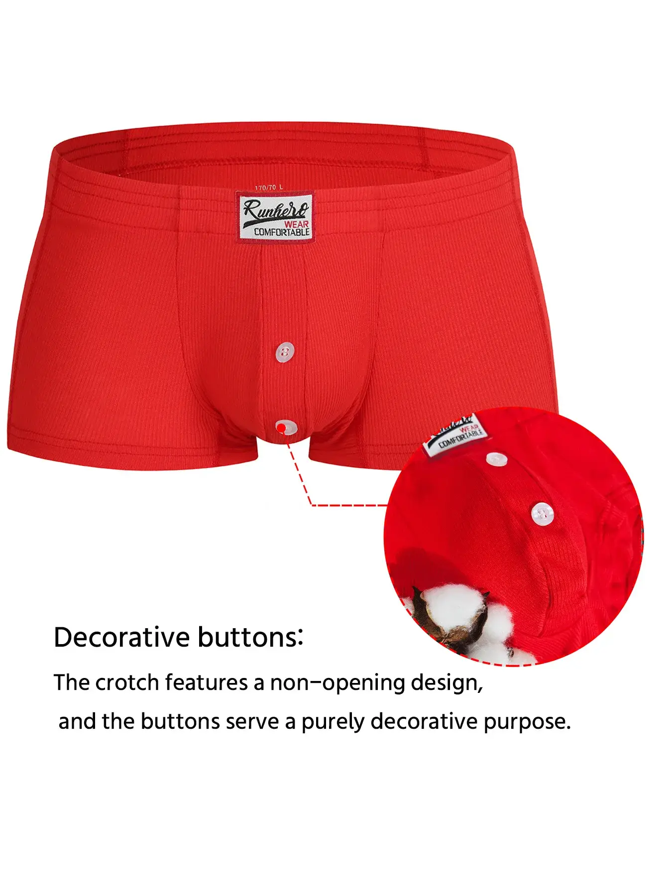 Men's Flat Underwear, Made of Synthetic Viscose, High Elasticity, Raised, Button Decoration, Comfortable Slim Fit Solid Color