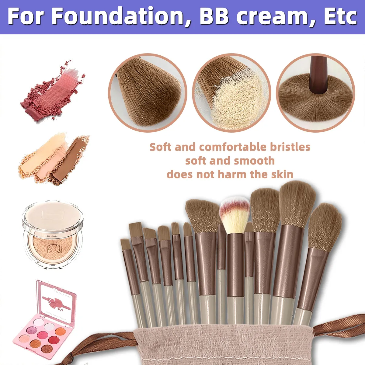 13 Buah/Set Set Kuas Makeup Kuas Kosmetik Serat Sintetis Lembut untuk Wajah Mata Foundation Blush Eyeshadow dengan Kantong Penyimpanan