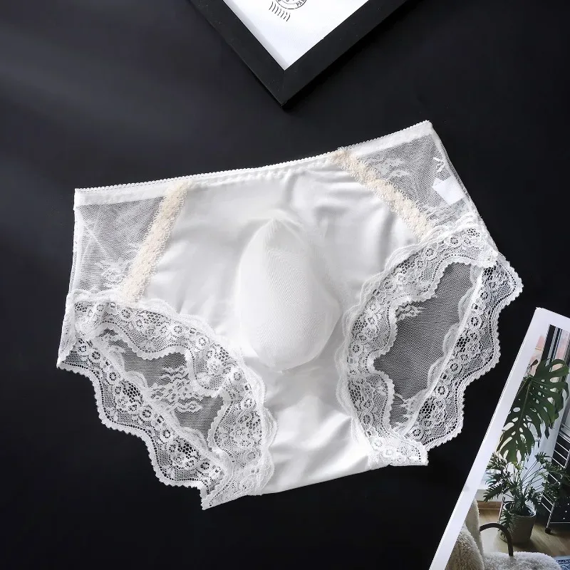 Large Size Women Panties for Men Soft Lace Satin Silky Briefs Mid Rise Bulge Pouch Underpant Sweet Sissy Crossdresser Underwear