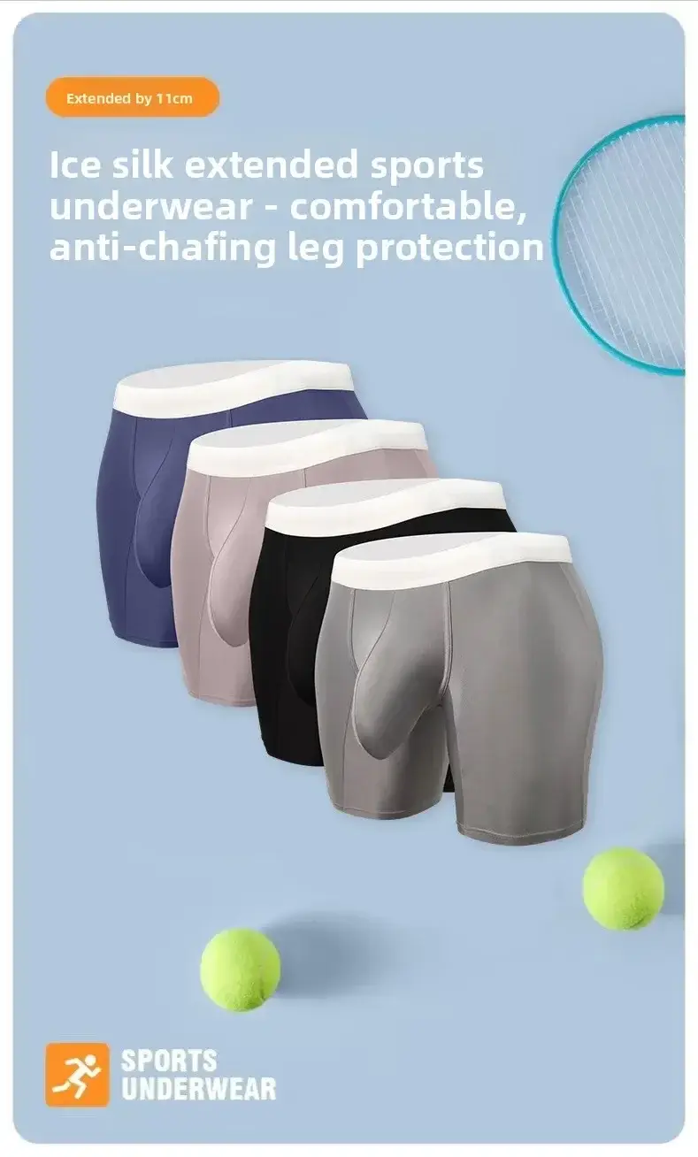 Men Ice Silk Boxer Briefs Deep U Convex Pouch Breathable Cool Quick Dry Sports Running Underwear Anti Chafe Seamless Underpants