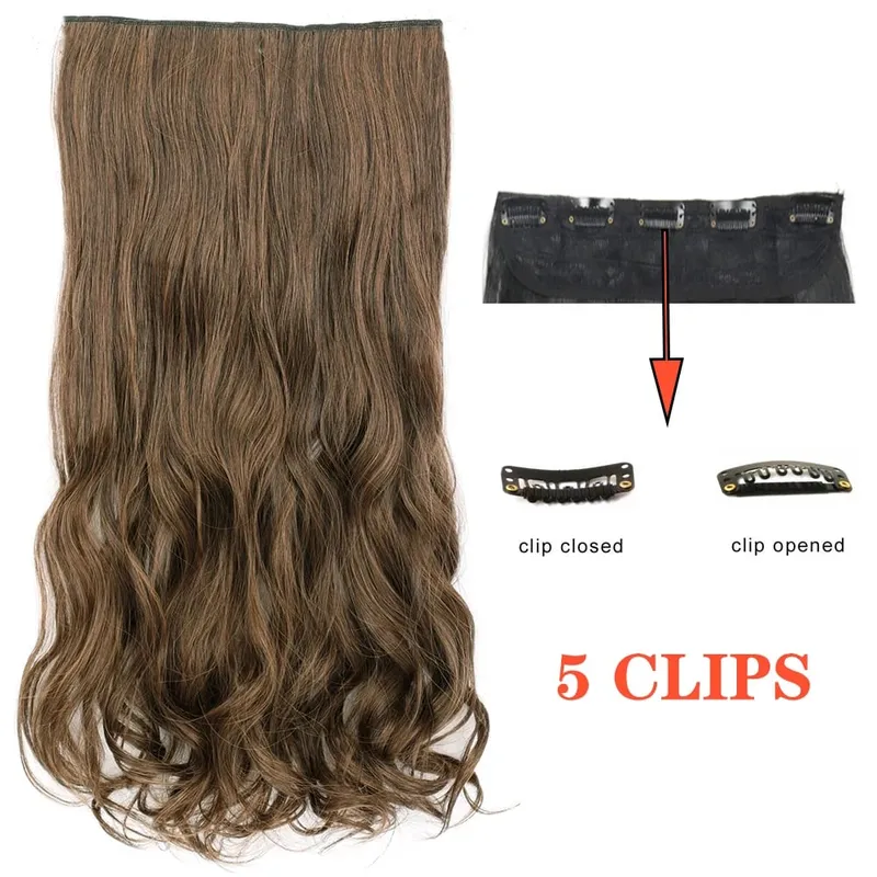 Synthetic Long Wave 5 Clips Hair Extensions Clips in High Temperature Fiber Black Brown Hairpiece