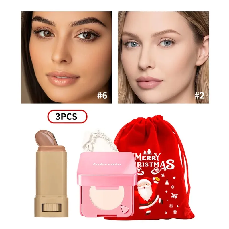 3Pcs Foundation Stick Face Pressed Powder Compact with Christmas Drawstring Bag Long Lasting Matte Face Cosmetic Christmas Gift