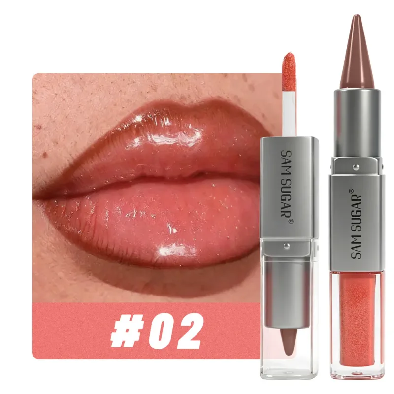 2 in 1 Lip Liner & Lip Gloss Dual Ended Hydrating Non Stick Lipstick Matte Velvet Outline Crayon with Shiny Plumping Lip Glaze