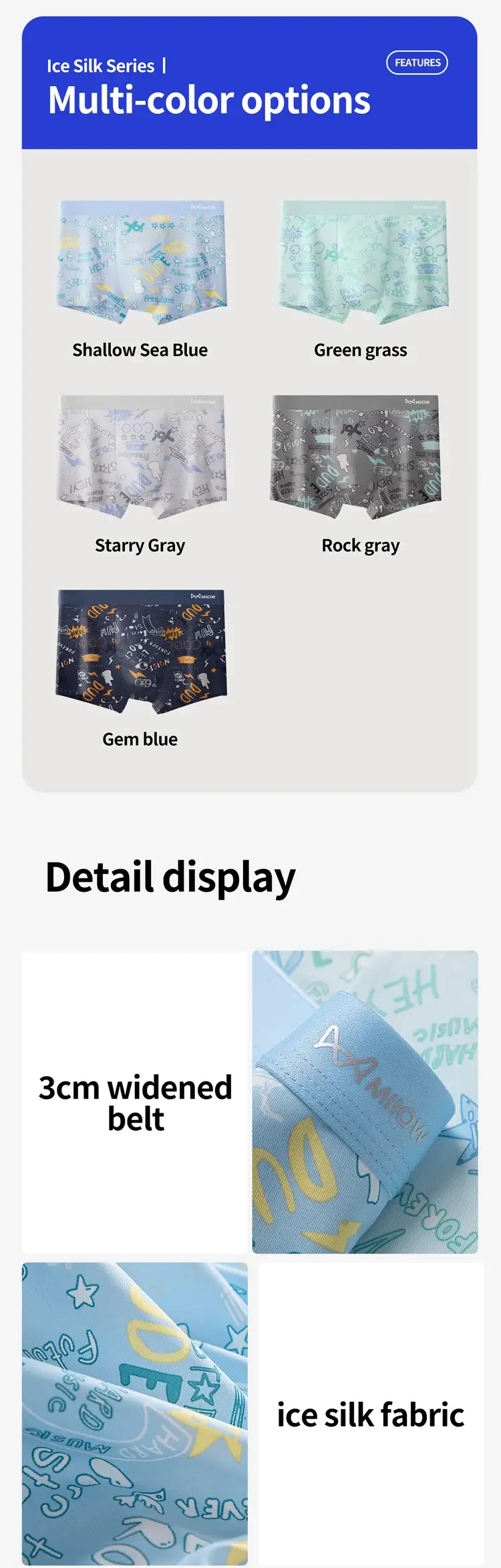 MiiOW 4Pcs Ice Silk Men Boxers 10A Antibacterial Crotch Man Panties Underpants Breathable Cartoon Print Men's Underwear Trunks