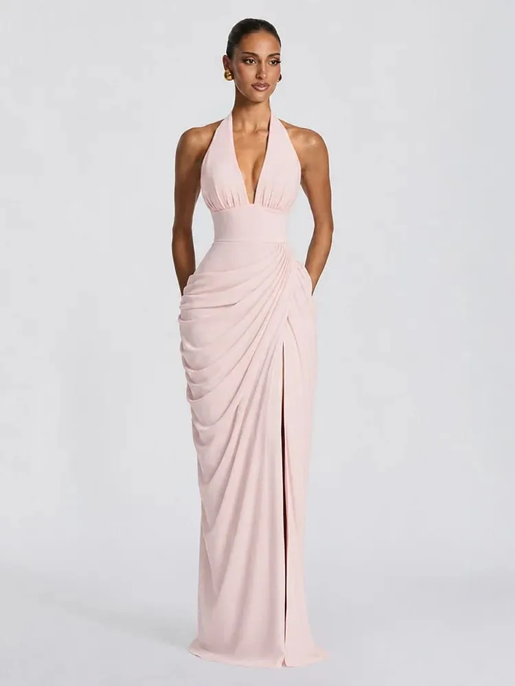 Sexy Solid Pleated Halter Women's Dress Fashion Sleeveless Backless Waist-cinching Split Maxi Dresses 2026 Summer Party Gowns