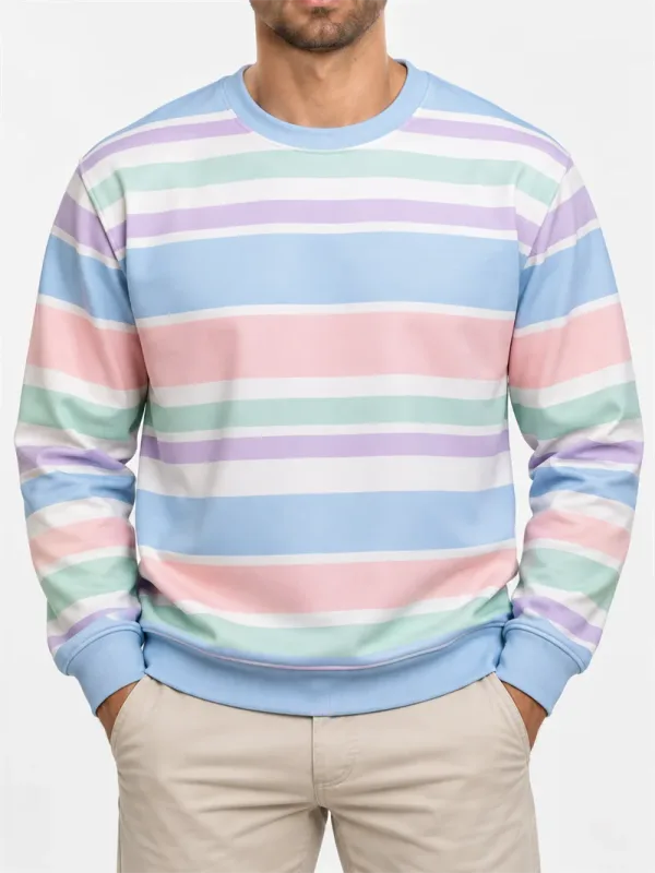 Heren vintage gestreept sweatshirt met ronde hals, casual trui met lange mouwen, kleurenblok, herfst streetwear, alledaagse mode, klassieke top