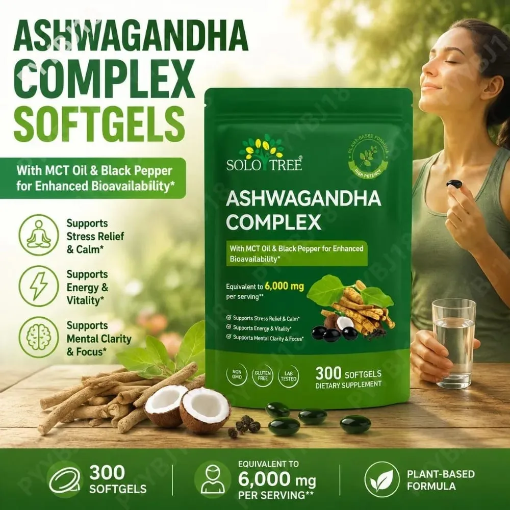 Το Solo Tree Ashwagandha Complex Softgels υποστηρίζει την ανακούφιση από το άγχος ήρεμη ψυχική διαύγεια εστίαση με MCT Oil & Black Pepper 300 Softgels