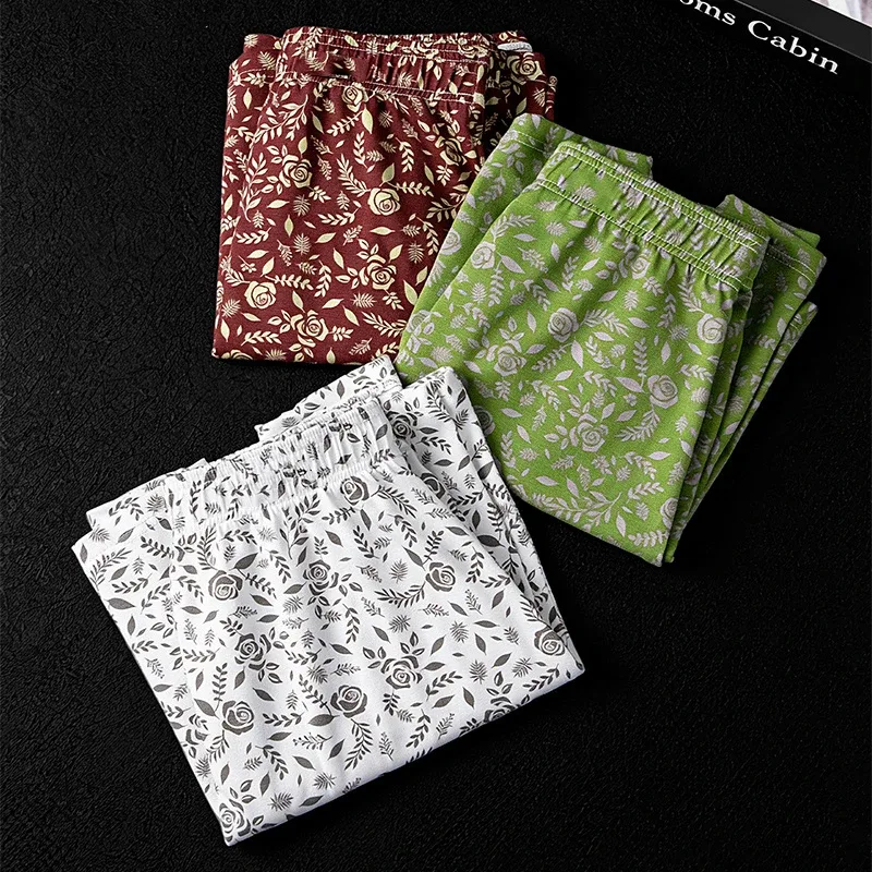 MiiOW 3Pcs Cotton Men Underwear Boxershorts Breathable Rose Print Man Underpants Skin-friendly Large Size Men's Shorts Panties