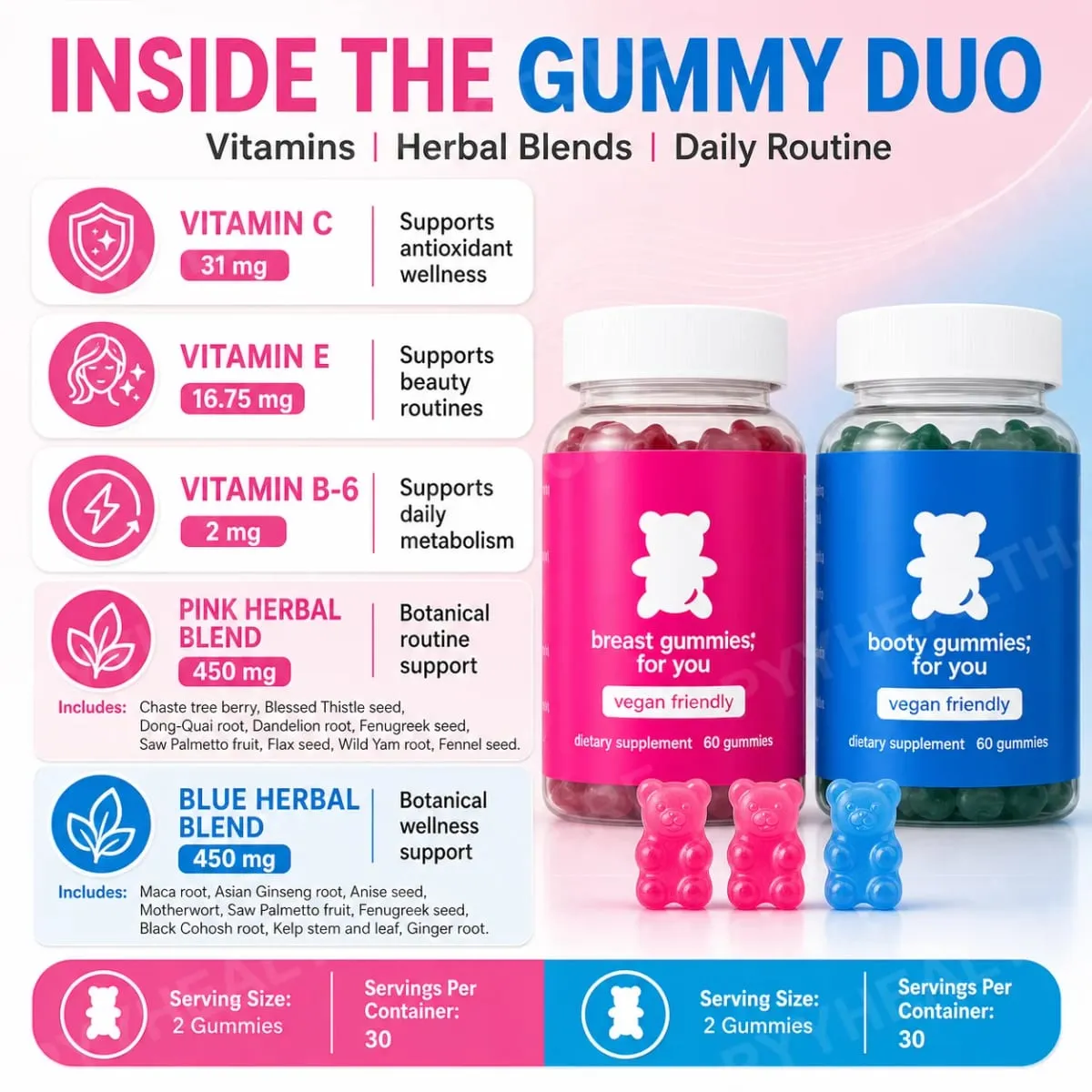 Top&Peach Support Combo Pack Multivitamin gumicukor nőknek gyógynövénykivonatokat és esszenciális vitaminokat tartalmaz, gluténmentes 60 Count