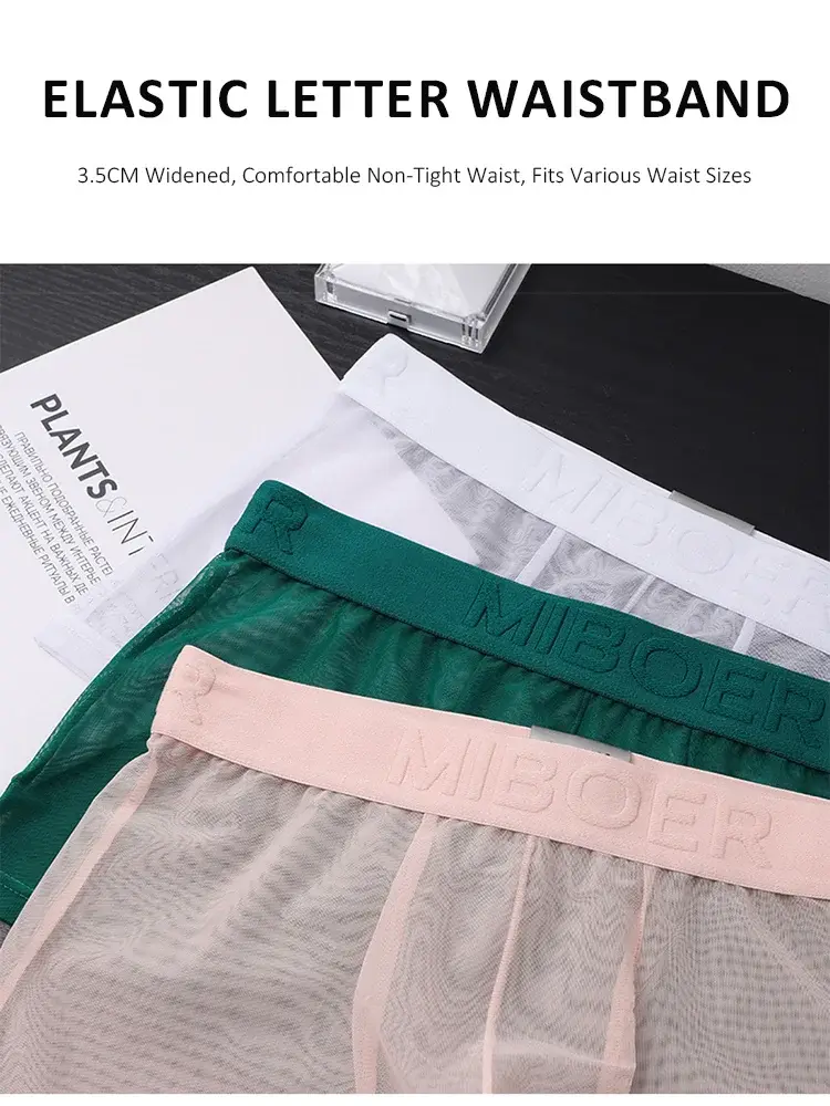 Men's Transparent Full Mesh Boxer Briefs See-Through Underwear Low Rise U-Pouch Breathable Sexy Low-Rise Elastic Waistband