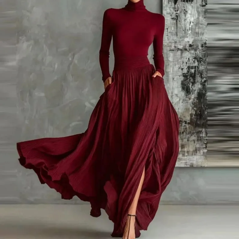 Set Rok Dua Potong Elegan Prancis untuk Wanita Setelan Ramping Turtleneck Antik Berlipat Hem Belahan Minimalis Solid Bersaku