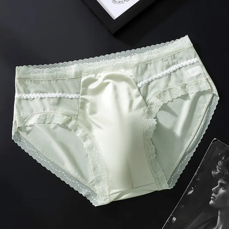 Men's Sexy Lace Thin Briefs Seamless Underware Ice Silk Brief 3D Bulge Pouch Panties Sleep Bottoms Breathable Male Underpants
