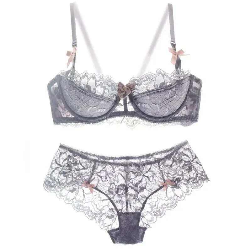 French Pure Passion Bow Shaped Shoulder Strap Lace Sexy Half Cup Push Up Bra Set Women's Thin Lingerie Big Breast Small Cup S-XL
