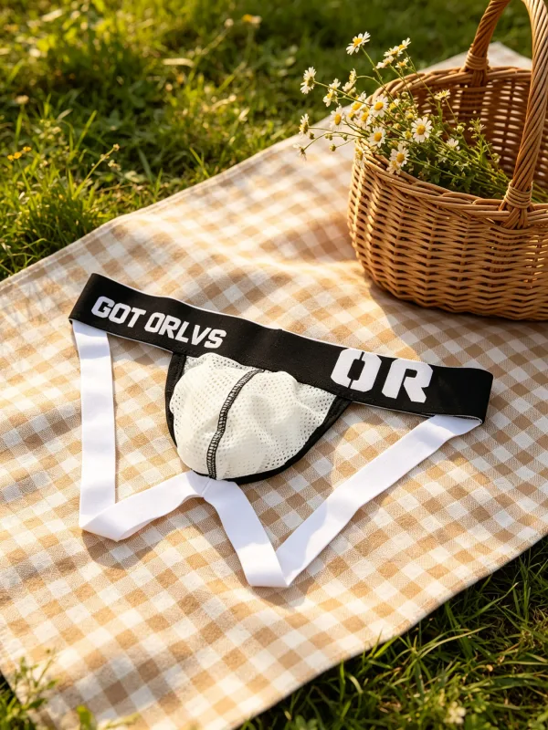 Mens G String Mesh Underwear Contrast Printed Letter Wide Elastic Waist 3D Contour U Pouch Fine Mesh Material Sophisticated