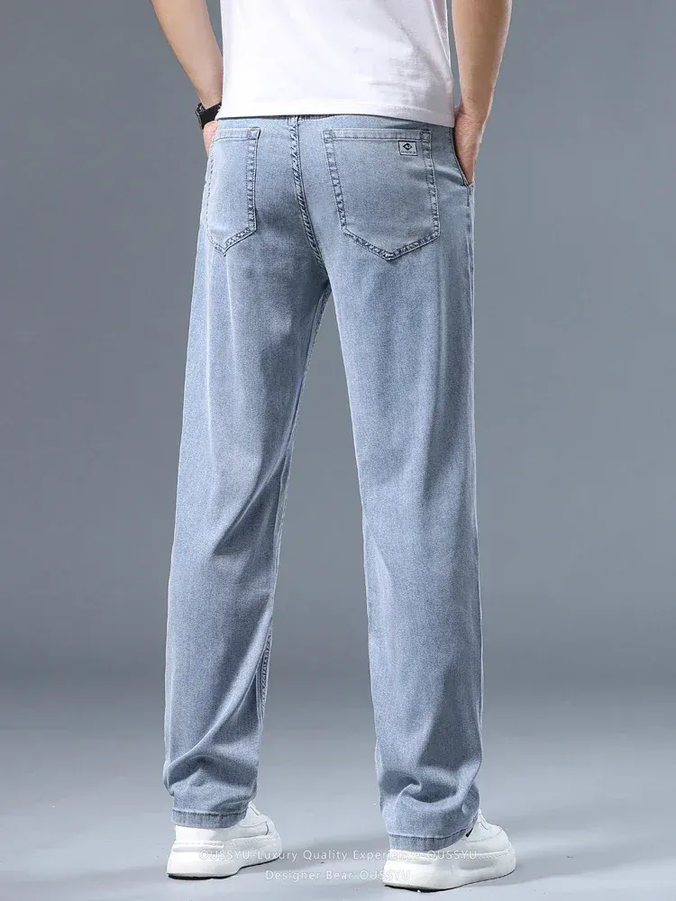קיץ דקים גברים ג'ינס רופף ישר Lyocell Soft Drape Business Casual מכנסיים מעשן אפור אייס משי מכנסיים פלוס מידה 40 42