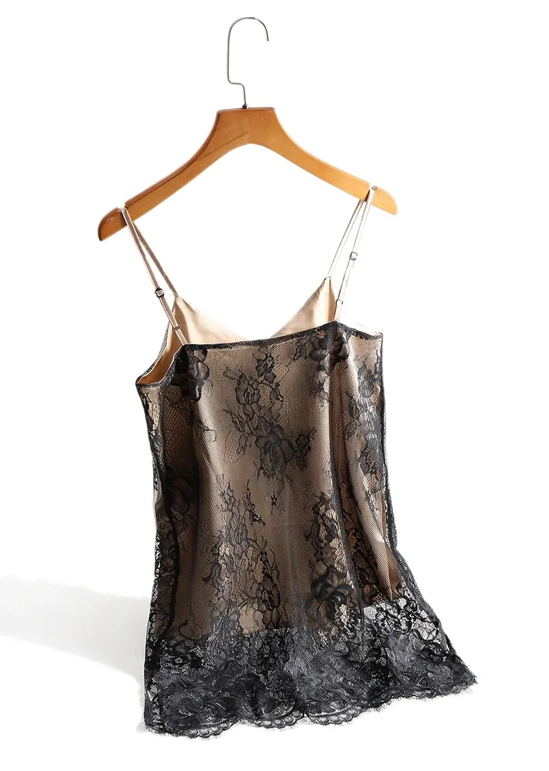 Szexi csipke spagettipántos felső női kötőfék, V nyakú Basic Cami ujjatlan szatén selyem felsők nyári camisole