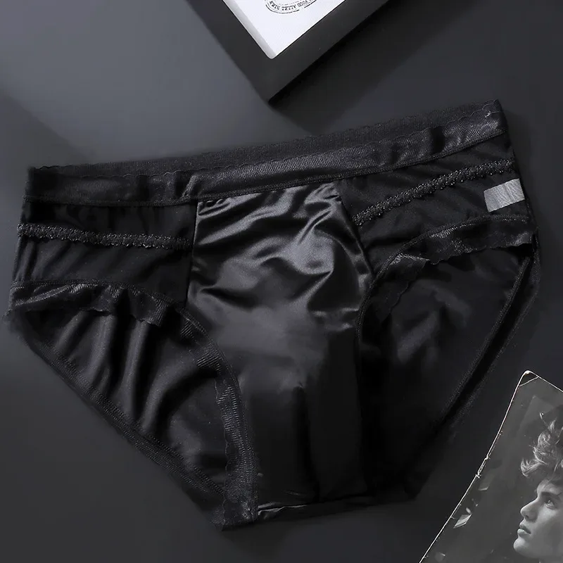 Men's Sexy Lace Thin Briefs Seamless Underware Ice Silk Brief 3D Bulge Pouch Panties Sleep Bottoms Breathable Male Underpants