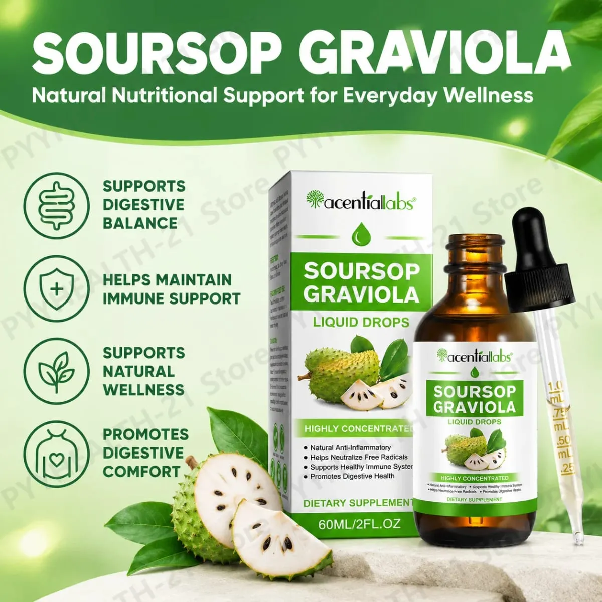 AcentiLabs Sirsak Graviola Tetes Cair Vitamin C Mendukung Kesehatan Pencernaan Sistem Kekebalan Tubuh Pertahanan Radikal Bebas 60ml untuk Dewasa