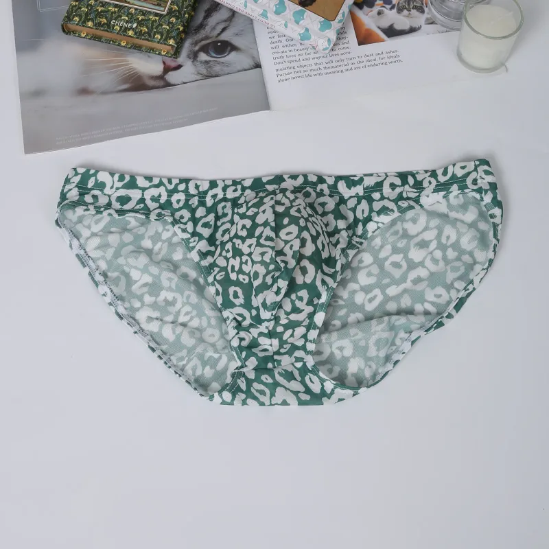 Men Sexy Briefs Underwear Mesh Sheer Ultra-Thin Underpants Big Penis Pouch See Through Panties Leopard Bikini