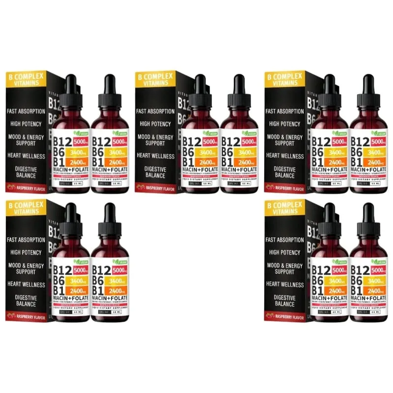 B12 B6 B1 Niacin Folate Liquid Sublingual Vegan B-Complex Drops for Daily Energy and Focus Support Raspberry for Men Women 60 ML
