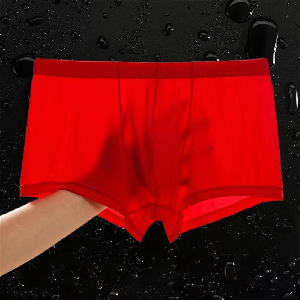 Boxers transparentes homens de seda gelo secagem rápida troncos masculinos verão sem costura roupa interior ultra-fino plus size shorts