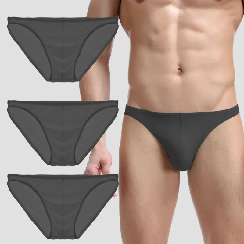 3PCS Summer narrow edge men sports breathable ice silk underpants thin sexy low waist tight seamless small triangle pants