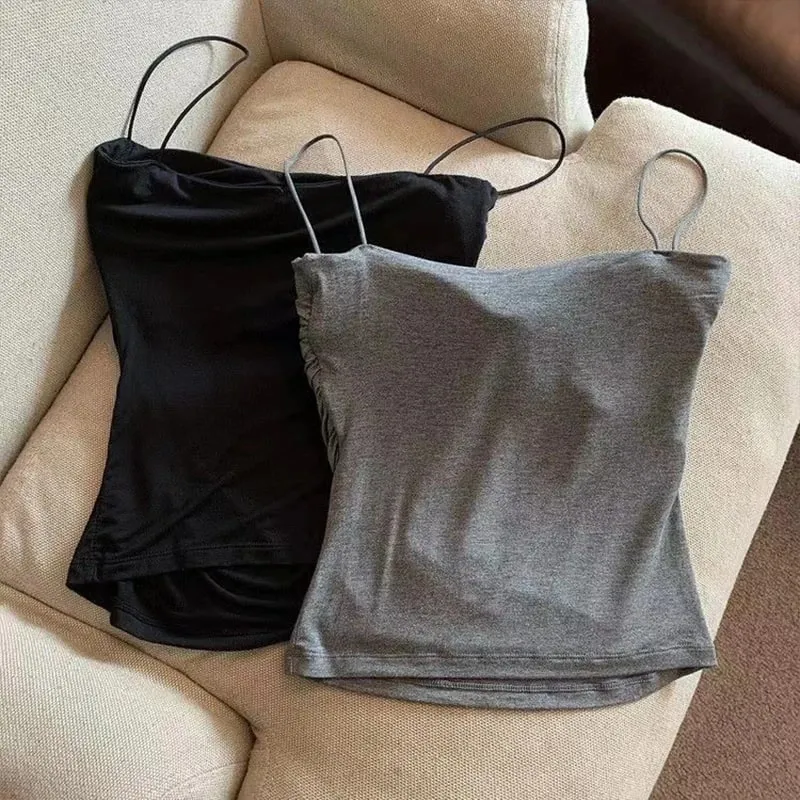 Szexi, tömör redőzött Tank Camisole női nyári spagettipántos ujjatlan felsők