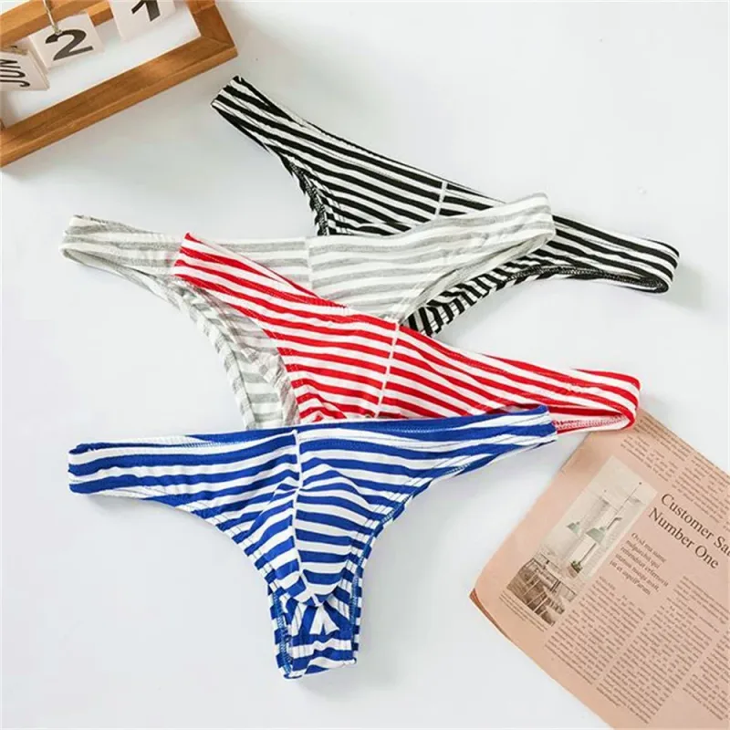 Europe Men's Striped Bikini Briefs Low Waist Sexy U Convex Underwear Male Half Covered Buttocks Tanga Panties Plus Size M-XXXL