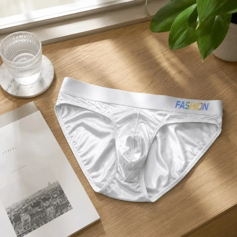 Underwear Men's Triangle Panties Low Waist Ultra Smooth Satin Silky Briefs Lingerie Gradient Letter Glossy Underpants Large Size