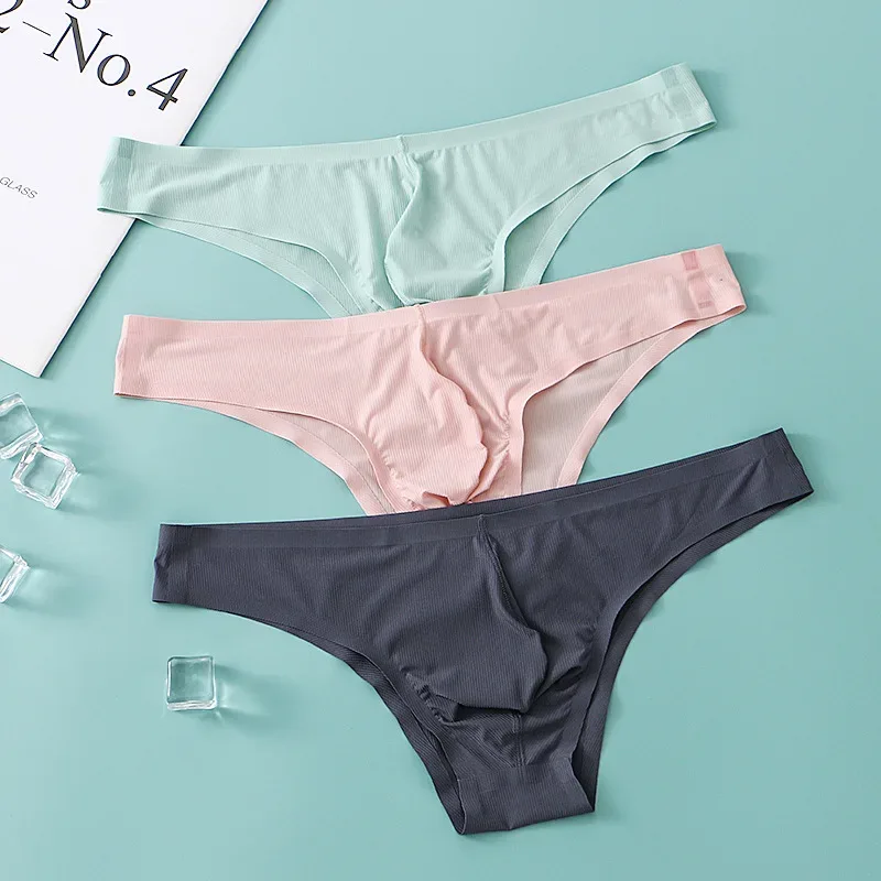 Half Hip Small Triangle Men's Underwear Low Waist Sexy Young Men Ice Silk Seamless Briefs Summer Lightweight Breathable Panties
