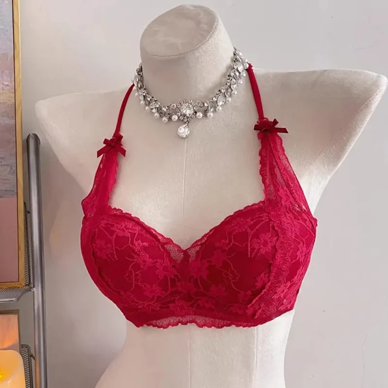 セクシーな BANERDANNI חזיית תחרה עם קשת הלטר מרופדת Push Up אלחוטי ללא חוט הלבשה תחתונה רכה חזה קטן לבישת נוחות יומית`
