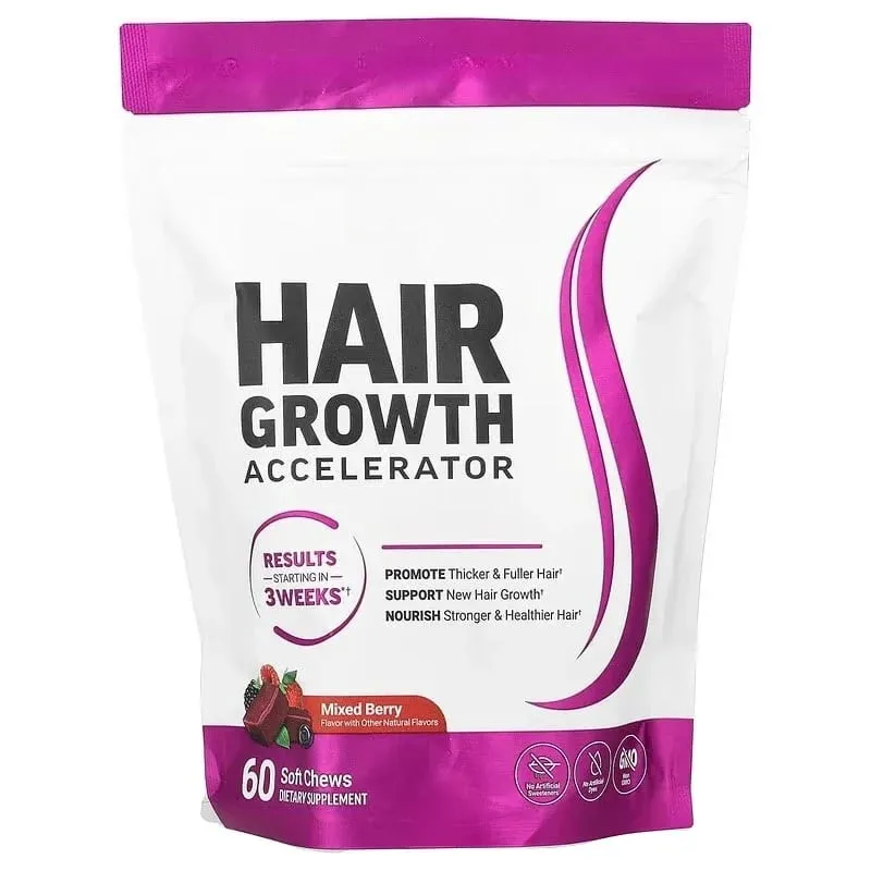 Malalambot na Pagnguya ng Paglago ng Buhok – Supplement ng Vitamin C at E para sa Mas Makapal na Buhok at Mas Malusog na Mukha – Lasang Berry – 60 Malambot na Nguya